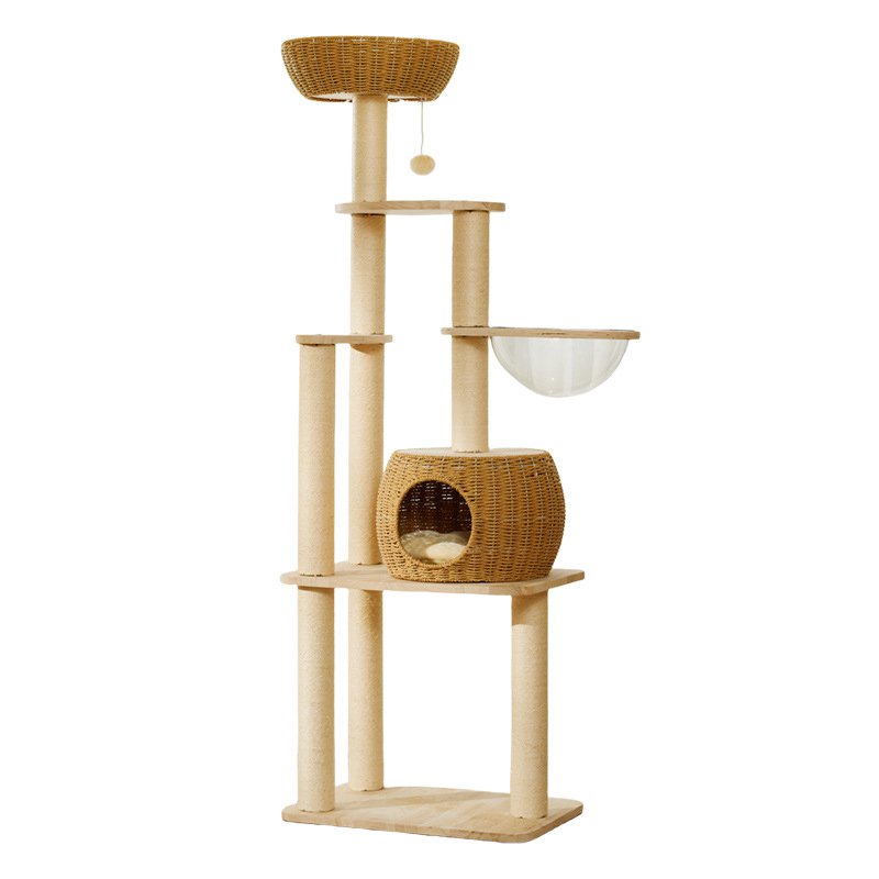Wooden cat tree condo with basket space capsule