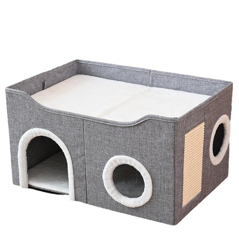 Portable foldable cat house with scratching board