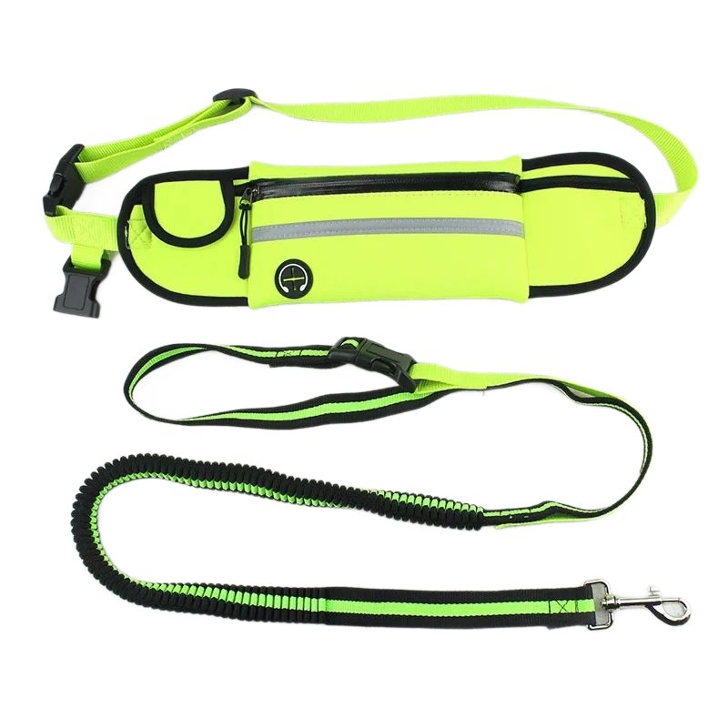 Running dog leash with waist bag reflective